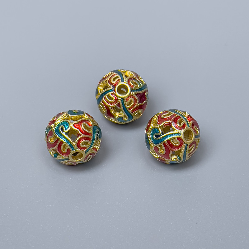Koralik Cloisonné czerwono-turkusowy z emalią, średnica 10 mm, otwór 2 mm, kolor metalu złoty, 1 sztuka