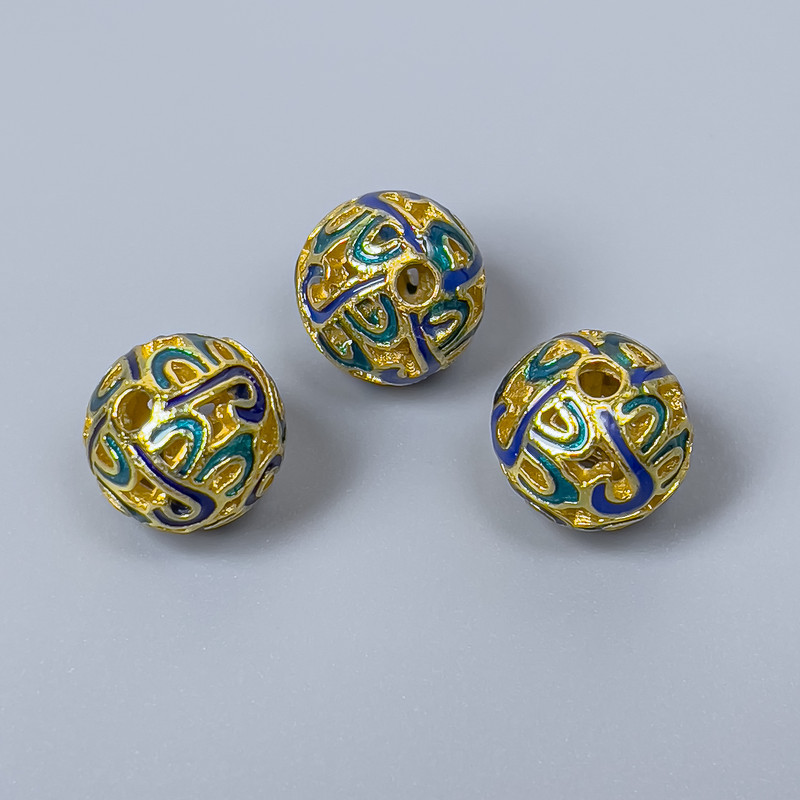 Koralik Cloisonné niebiesko-turkusowy z emalią, średnica 10 mm ±, otwór 2 mm, kolor metalu złoty, 1 szt.
