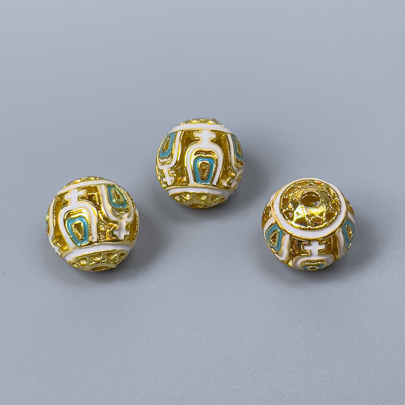 Koralik cloisonné biało-niebieska emalia, średnica 10 mm, otwór 1,8 mm, złoty kolor metalu, 1 szt.