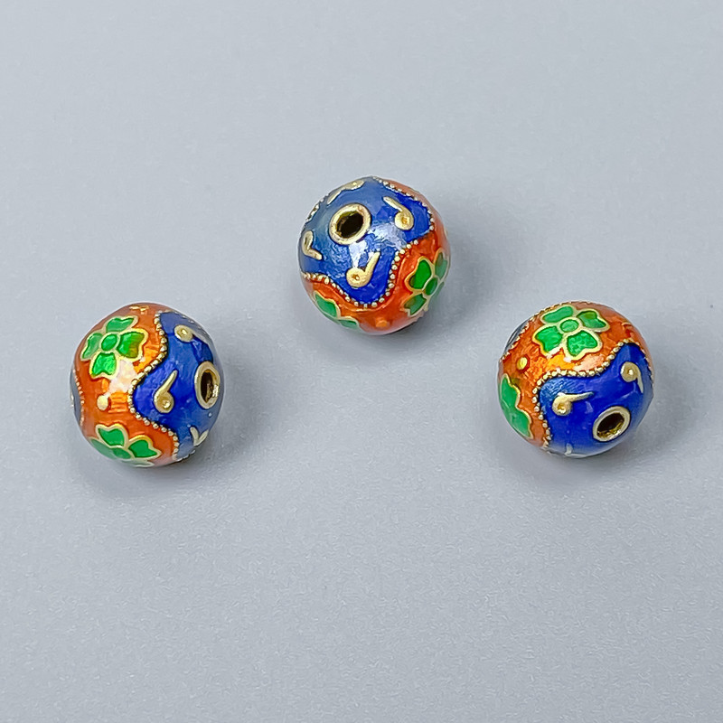 Koralik Cloisonné niebiesko-zielono-pomarańczowy z emalią, średnica 10 mm, otwór 2 mm, złoty kolor metalu, 1 sztuka