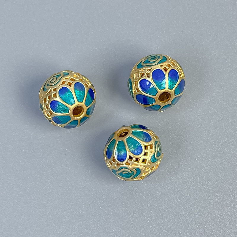 Koralik cloisonné niebiesko-zielony, emalia, średnica 10×9,5 mm, otwór 2 mm, kolor metalu złoty, 1 szt.