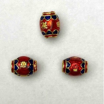 Koralik cloisonné beczkowy z emalią czerwono-niebieską, średnica 8×10 mm, otwór 1,8 mm, złoty kolor metalu, 1 szt.