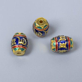 Koralik Cloisonné baryłkowy z emalią, średnica 8×10 mm, otwór 1,5 mm, złoty kolor metalu, 1 szt.