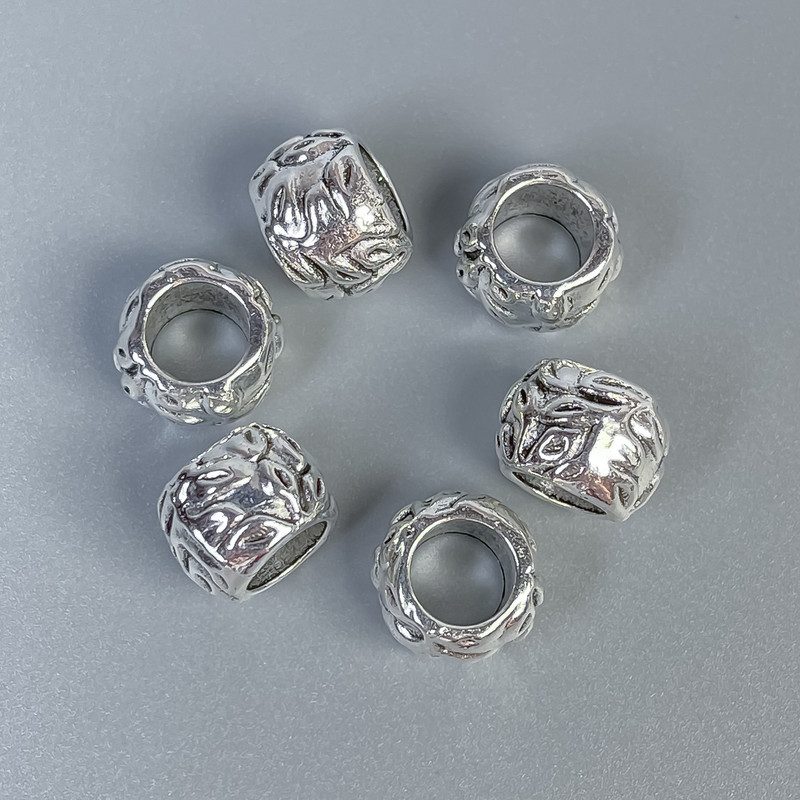 Galanteria jubilerska: wkładka-koralik w kolorze srebra, średnica 10×8 mm ± otwór, średnica 6 mm ± opakowanie 20 g (~10 szt.)