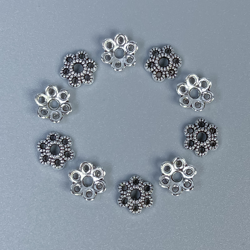 Czapeczki kapeluszkowe do koralików, kolor metalu srebrny, średnica 7×1 mm, otwór około 1,5 mm, opakowanie 20 g (około 110 szt.)