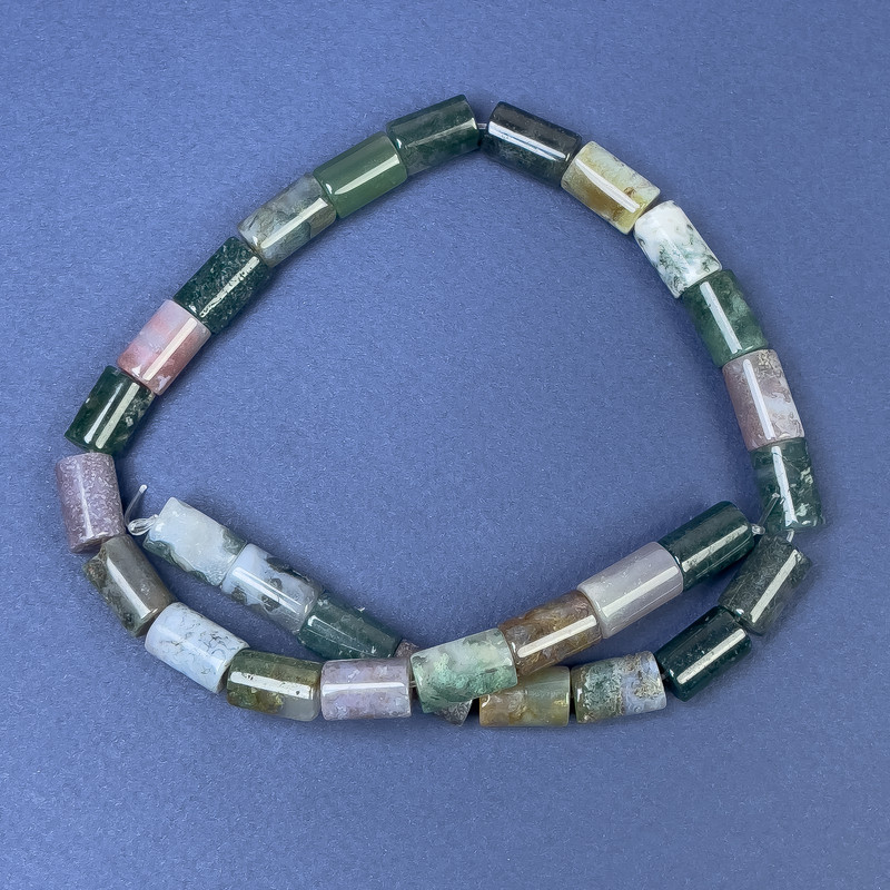 Koraliki z agatu mechowego na żyłce, cylindryczne, średnica 12×8 mm, długość ok. 38 cm