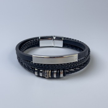 Bransoleta męska z czarnej ekoskóry z metalowymi wstawkami, grubość 11-25 mm ±, długość 22 cm ±, srebrzysty metal na zapięciu
