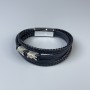 Bransoletka męska z czarnej ekoskóry z metalowymi wstawkami, grubość 12–20 mm, długość 22 cm, srebrny metal na zapięciu