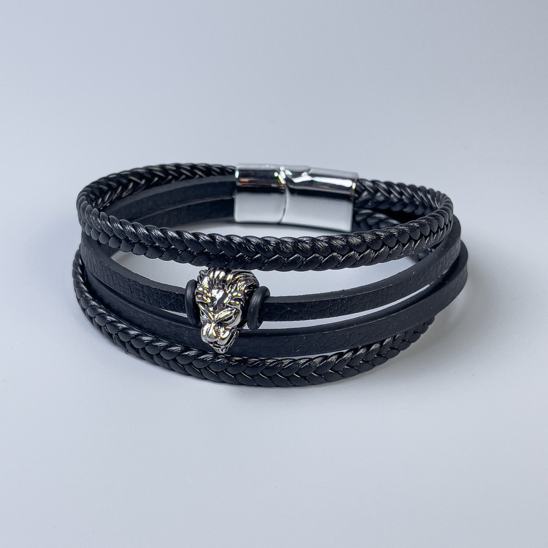 Męska bransoleta z czarnej ekoskóry z metalowymi wstawkami, grubość 12-20 mm, długość 22 cm, srebrny metal na zapięciu