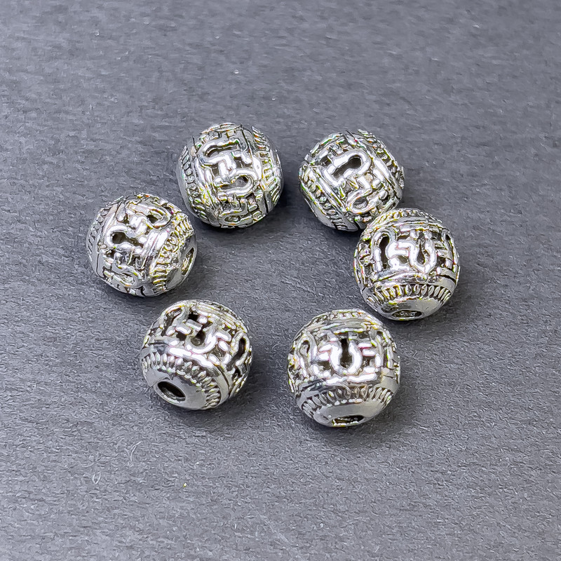 Koralik-wkładka do biżuterii, kolor metalu srebrzysty, średnica 8×8 mm ±, otwór Ø 2 mm ±, opakowanie 6 szt.