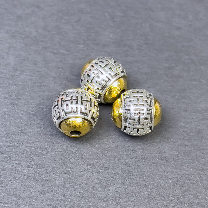 Koralik-wstawka do biżuterii, kolor metalu srebrzysty i złoty, średnica 10×9,5 mm, otwór 2 mm, opakowanie 3 szt.