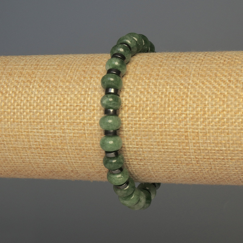 Bransoletka z zielonego kwarcu malinowego w rondelkach, średnica 8,5×5 mm ± hematitem 6×2 mm ±, długość 18 cm ±, elastyczna
