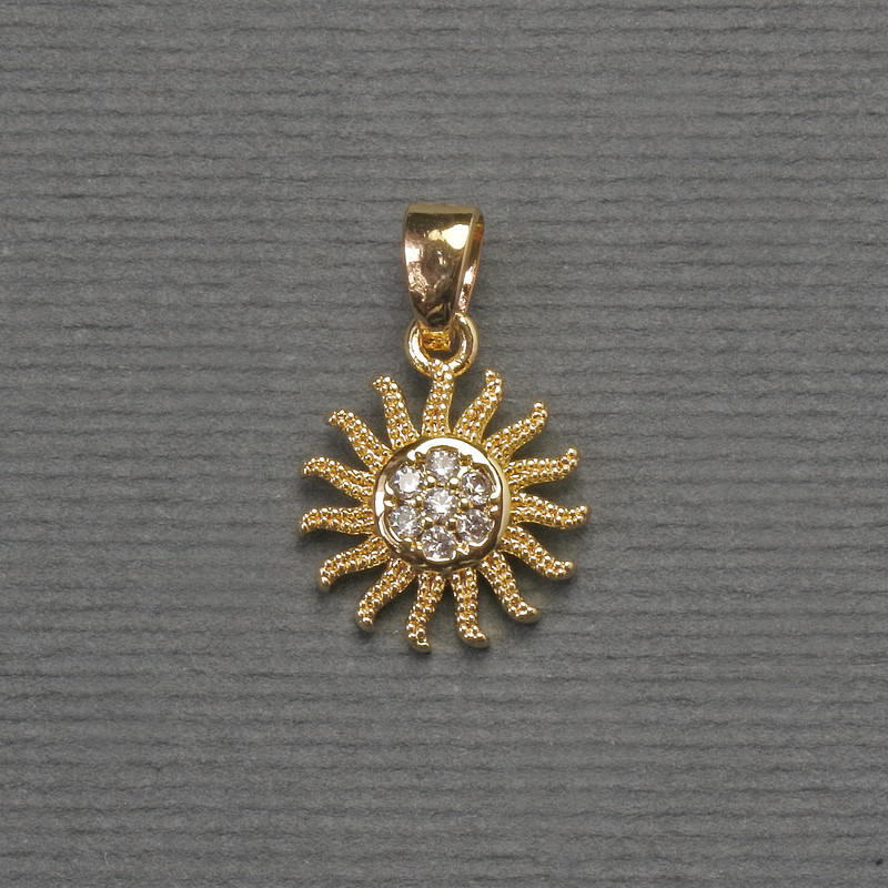 Wisiorek Słońce, średnica 12×16 mm ±, złocisty metal, białe kryształy