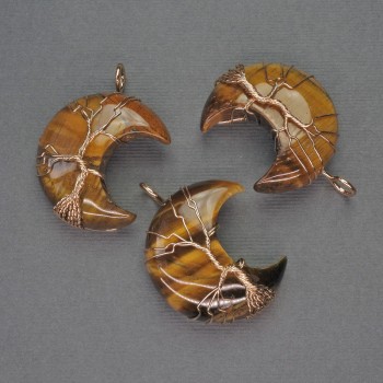 Wisiorek Księżyc z tygrysiego oka w złocistym splotem, średnica 35 mm, długość 45 mm