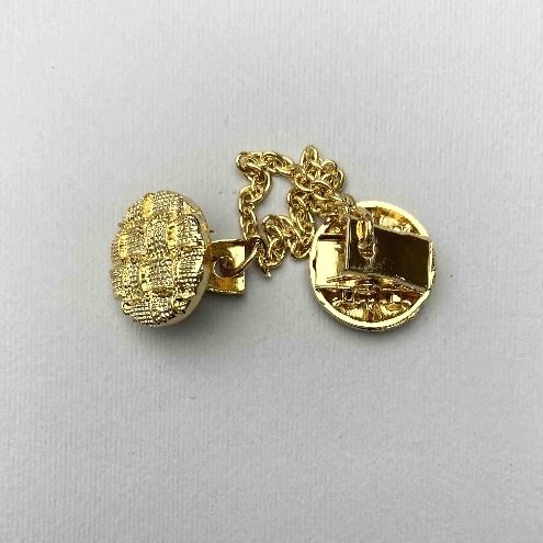 Broszka do kardiganów z metalem w kolorze złotym, średnica 20 mm ±, łańcuszek, długość ok. 9 cm