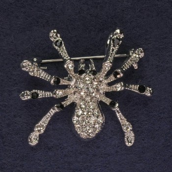 Broszka Pająk z biało-czarnymi strassami, metal srebrzysty 29×29 mm+