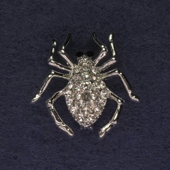 Broszka Pająk z białymi kryształami, srebrzysty metal, 29×29 mm+
