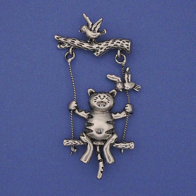Broszka w kształcie kota ze srebrzystego metalu 62×33 mm+