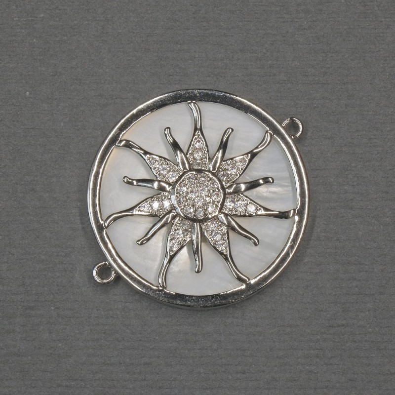 Konektor Słońce z naturalnym perłowym połyskiem 25×30×3 mm ± srebrzysty metal