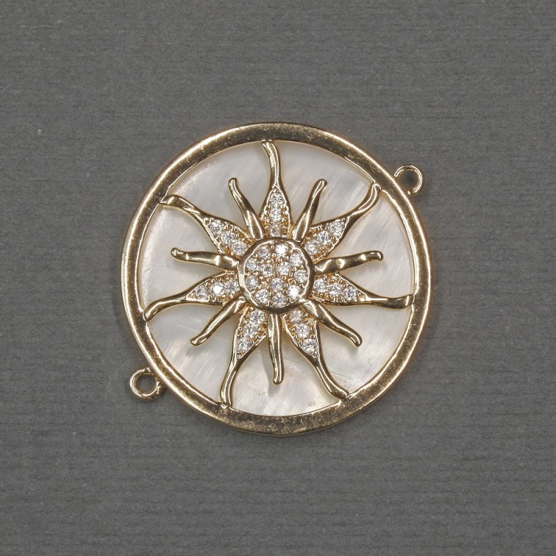 Konektor Słońce z naturalnym perłowym połyskiem, metal złoty, 25×30×3 mm