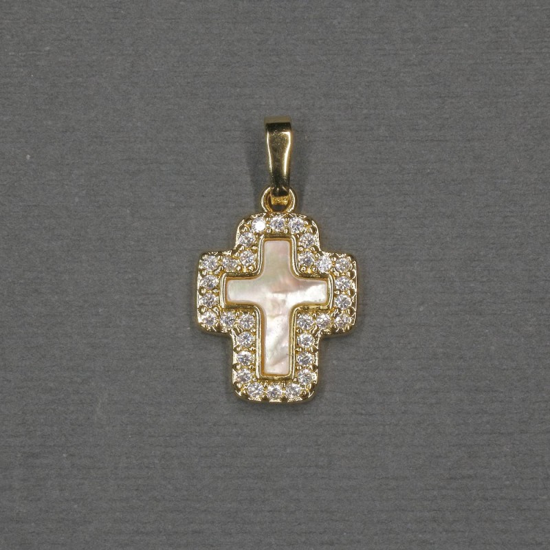 Wisiorek krzyż z wstawką z masy perłowej, 13×15×18×2,5 mm, złocisty metal