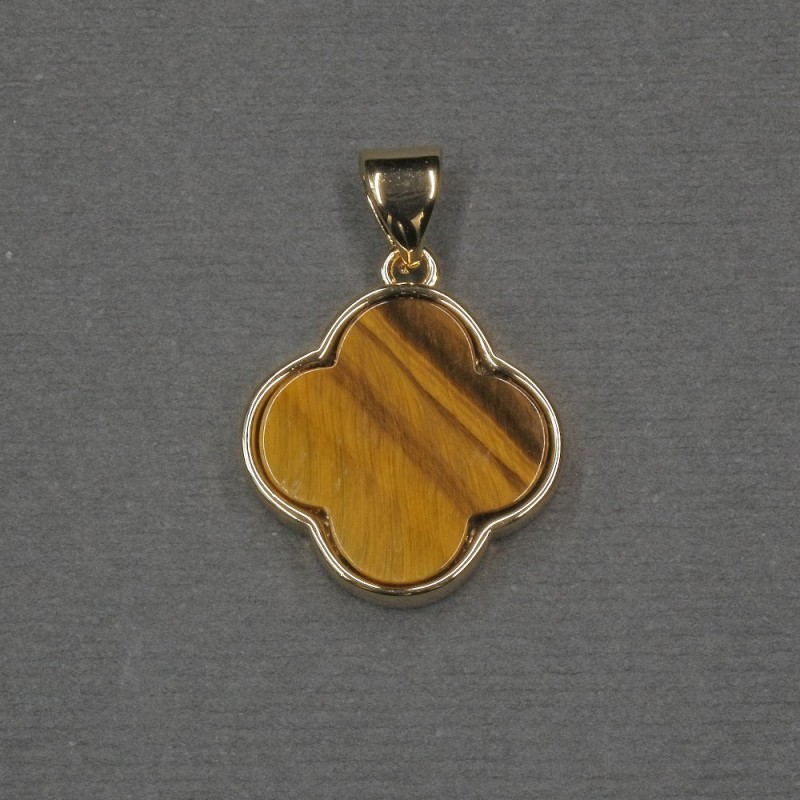 Wisiorek koniczyna z wstawką z tygrysiego oka, 16×18×4 mm, metal złocisty