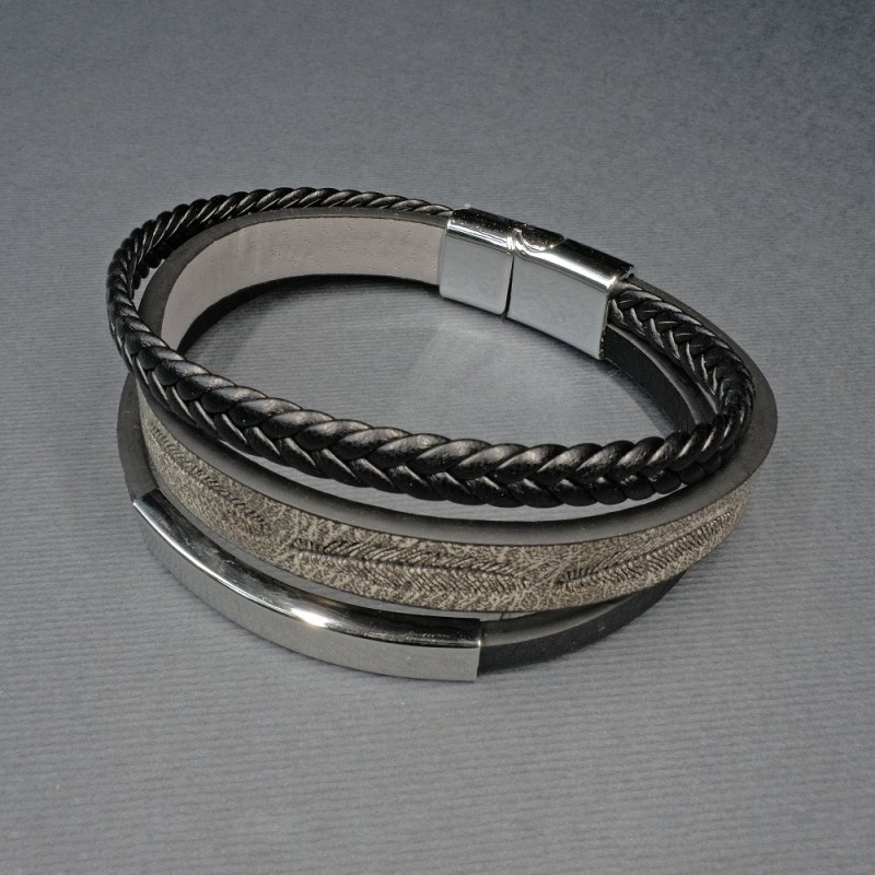 Bransoletka męska z metalowymi wstawkami, długość 21 cm, grubość 11 mm, czarna ekoskóra