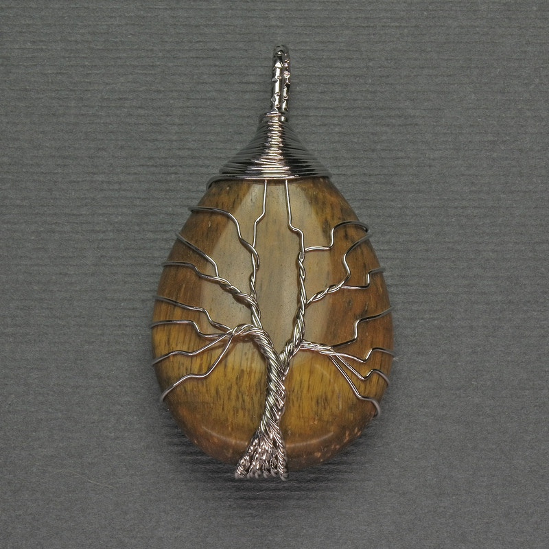 Wisiorek Kropla Tygrysiego Oka 24×35×48 mm, w oplocie srebrzystego metalu