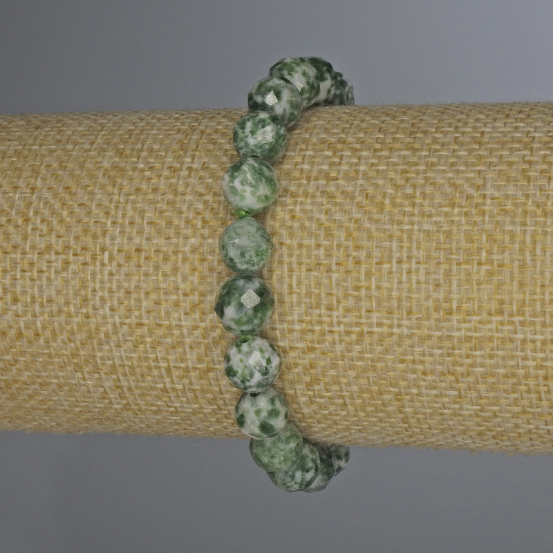 Bransoletka z agatu mosowego, fasetowana kulka, średnica 8 mm, długość 18 cm, elastyczna