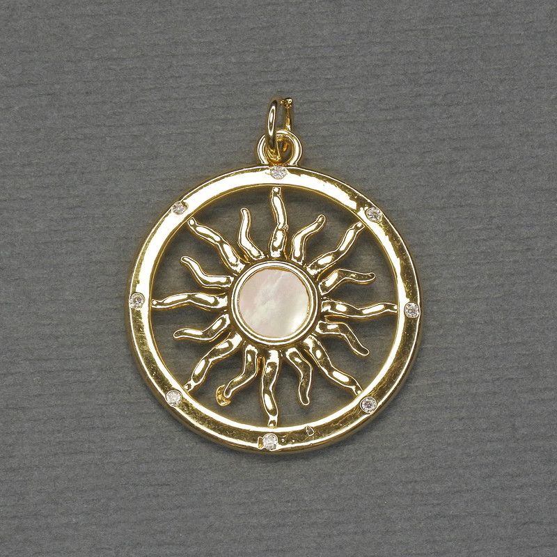 Wisiorek z masy perłowej – gwiazda, białe kryształy, metal złocisty, średnica 22 mm, długość 28 mm