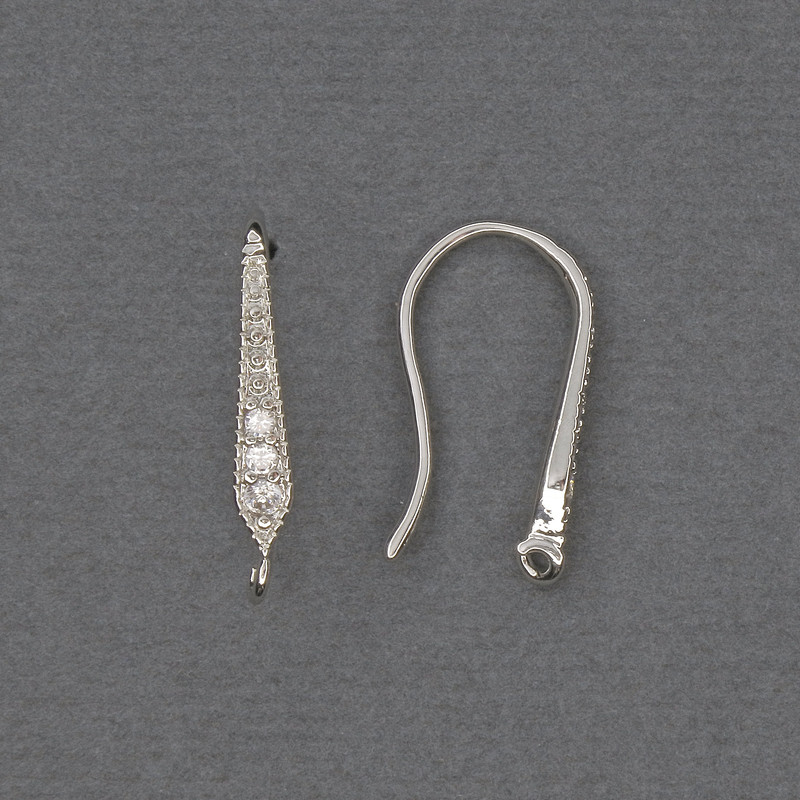 Haczyki do kolczyków z białymi strassami, metal srebrzysty, 18×3 mm – para