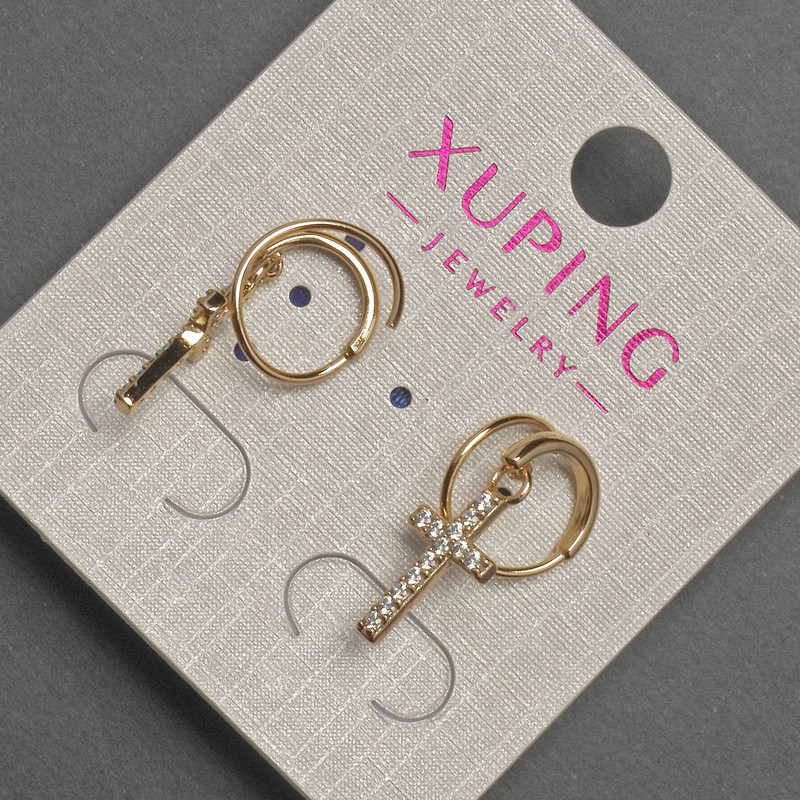 Kolczyki Xuping w formie krzyża z białymi kryształami, średnica 7×12 mm, długość 23 mm, pozłacane 18K