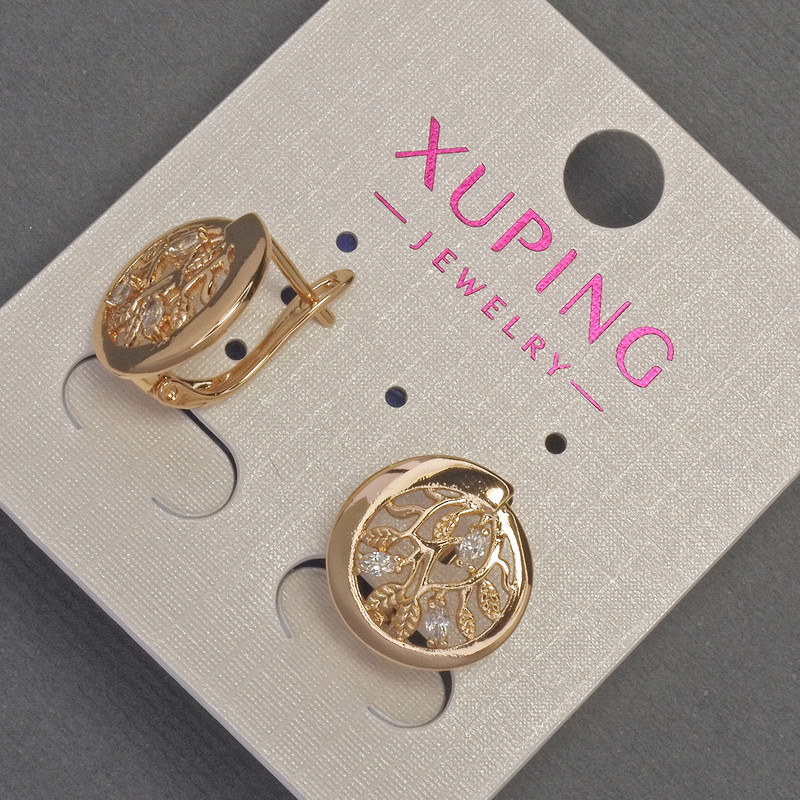 Kolczyki Xuping z białymi cyrkoniami, średnica 14 mm ±, długość 14 mm ±, Pozłacanie 18K