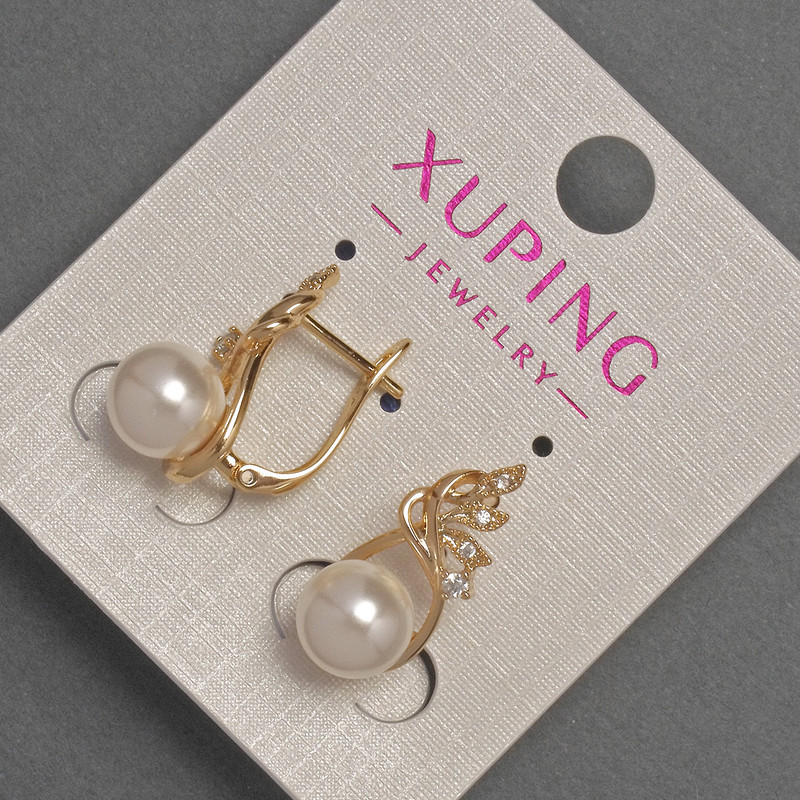 Kolczyki Xuping z białymi kryształami i perłą Majorki, średnica ok. 8 mm, długość ok. 20 mm, pozłacane 18K