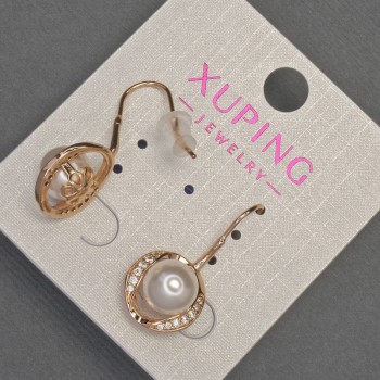 Kolczyki Xuping z białymi cyrkoniami i perłą Majorki, średnica 13 mm, długość 27 mm ±, Pozłacane 18K