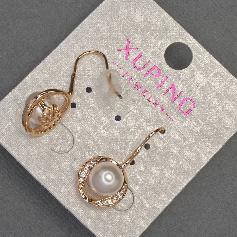 Kolczyki Xuping z białymi cyrkoniami i perłą Majorki, średnica 13 mm, długość 27 mm ±, Pozłacane 18K