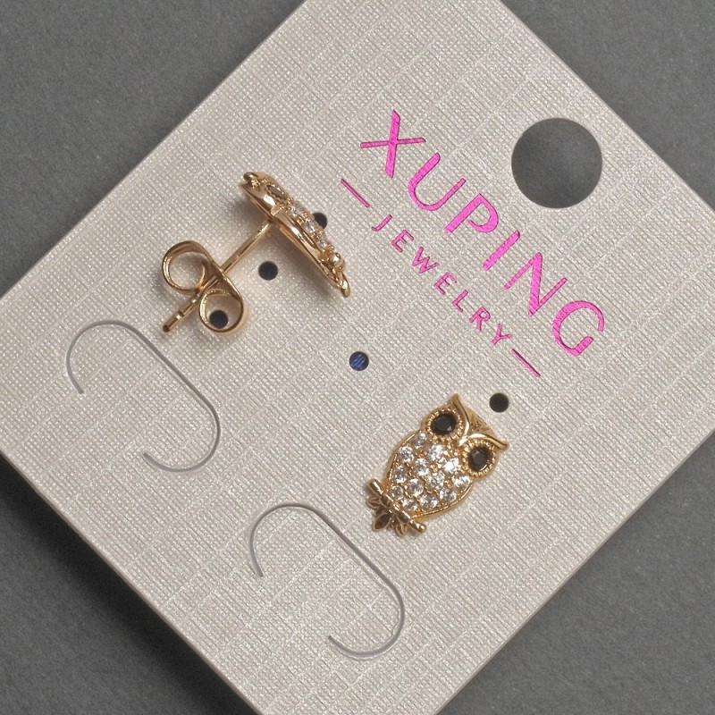 Kolczyki sztyfty Xuping Sowa z białymi i czarnymi cyrkoniami, średnica 7 mm, długość 12 mm, pozłacane 18K