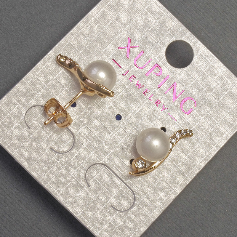 Kolczyki sztyfty Xuping z białymi kryształami i perłą, średnica 9 mm, długość 20 mm, pozłacane 18K