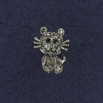 Broszka Kot z białymi i czarnymi kryształami, srebrzysty metal 11×15 mm+