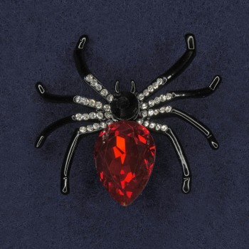 Broszka Pająk z białymi kryształami, czerwonym kryształem, emalią i czarnym metalem, 42×42 mm+