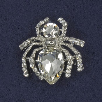 Broszka Pająk z białymi kryształami, metal srebrzysty, 26×26 mm+