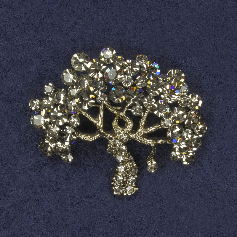 Broszka Drzewo, szare kryształy, metal złocisty, 39×32 mm+