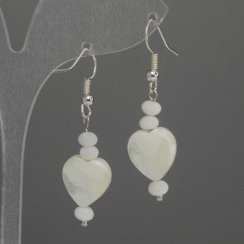 Kolczyki Perlamurt w kształcie serca 12 mm +-, rondel 5x3 mm +-, długość 45 mm+-