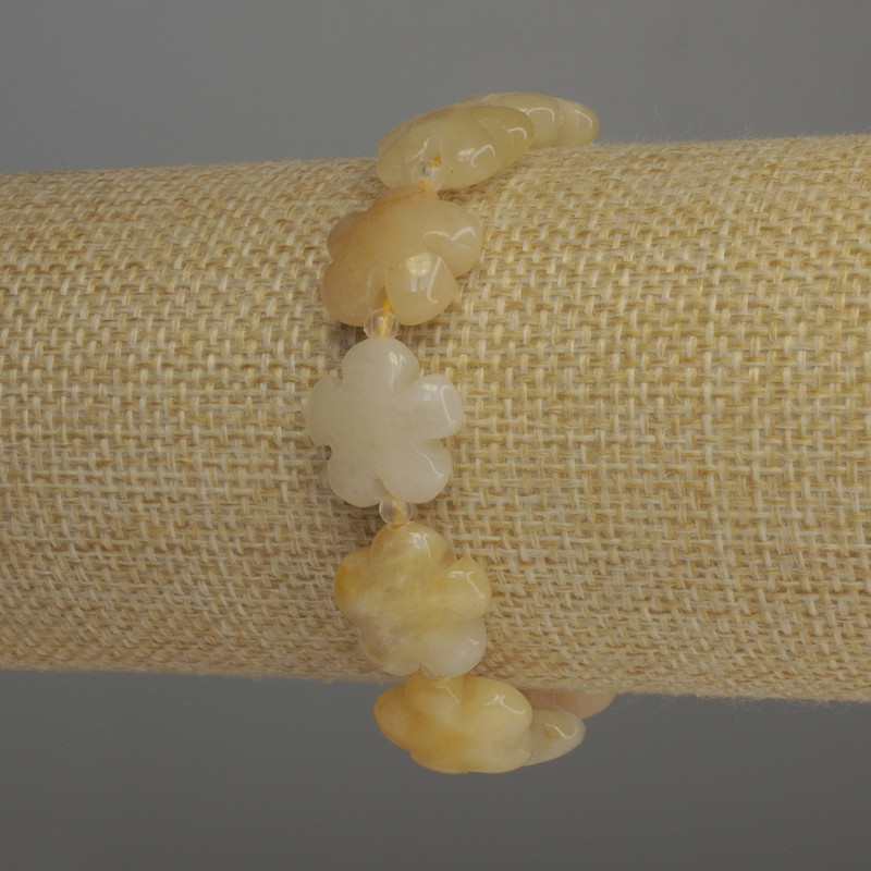 Bransoletka z żółtego kalcytu – kwiat, 15×6 mm, koraliki 3 mm, długość 18 cm, elastyczna