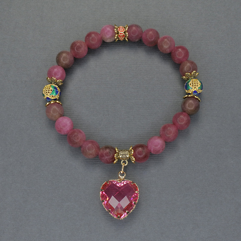 Bransoletka z turmalinu, gładkie kule o średnicy 8 mm ±, koraliki Cloisonné z metalowymi wstawkami i zawieszką, na elastycznej bazie, długość 18 cm