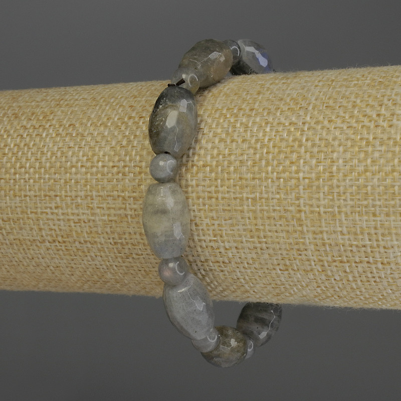 Bransoletka z labradorytu – fasetowane baryłkowe koraliki 14×10 mm, gładkie kule o średnicy 6 mm, długość 18 cm, elastyczna