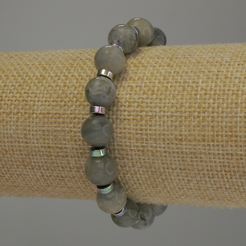 Bransoletka z labradorytu, gładka kulka, średnica 10 mm ±, hematytowy rondel 5×2 mm ±, długość 18 cm, elastyczna