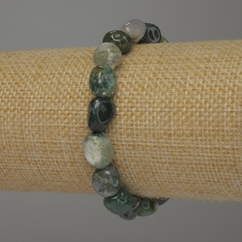 Bransoletka z agatu mossowego, koraliki w kształcie galetów, średnica 8-10×8 mm, długość 18 cm, elastyczna
