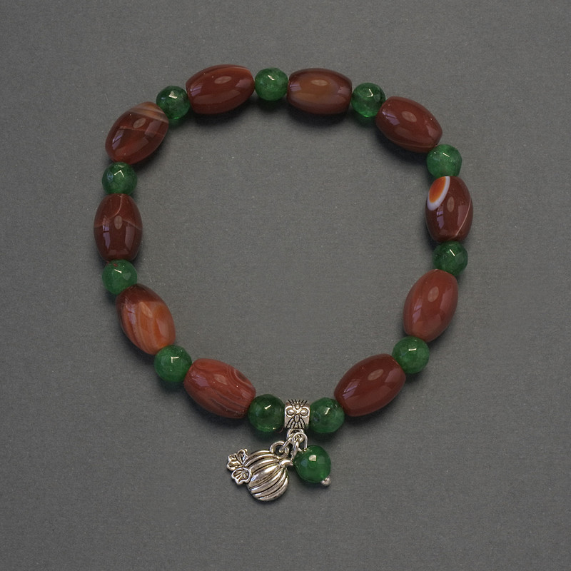 Bransoletka z agatu baryłkowego, średnica 12×8 mm ±, chryzopraz fasetowana kulka 6 mm ±, długość 18 cm, elastyczna