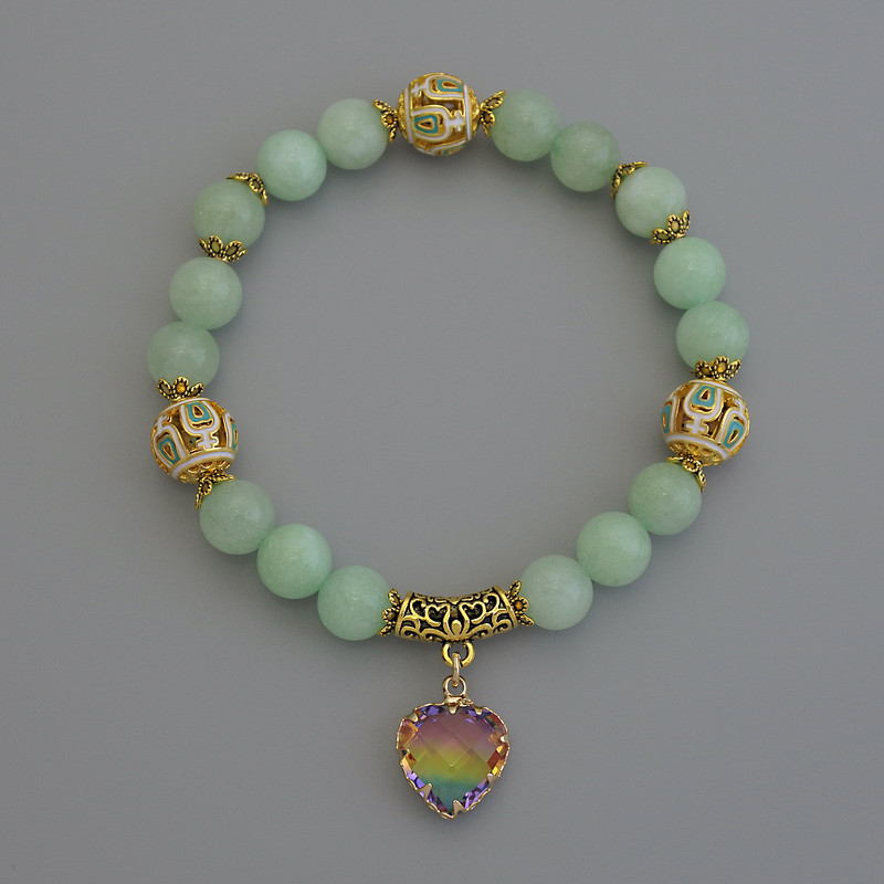 Bransoletka z amazonitu, gładkie kulki o średnicy 8 mm ±, elementy cloisonné o średnicy 10 mm ±, z metalowymi wstawkami, długość 18 cm, elastyczna